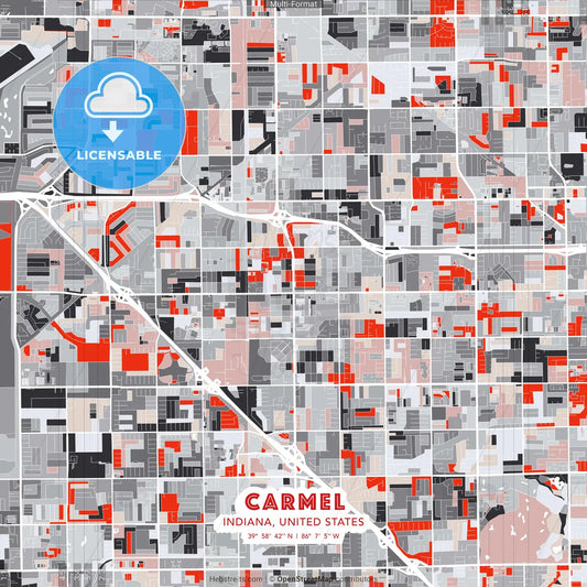 Carmel, Indiana, United States - modern street map poster template with gray and red tones