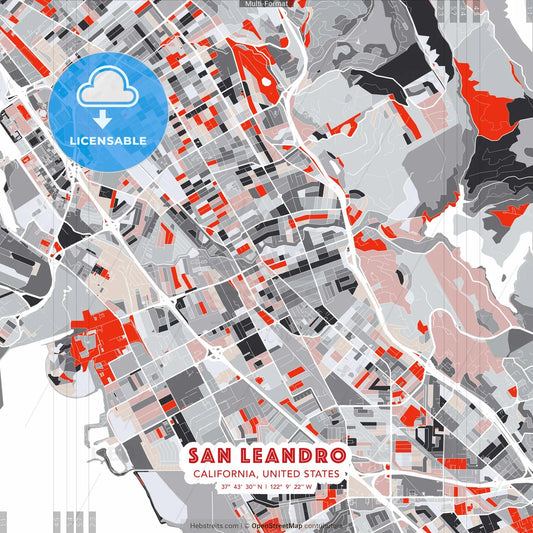 San Leandro, California, United States - modern street map poster template with gray and red tones