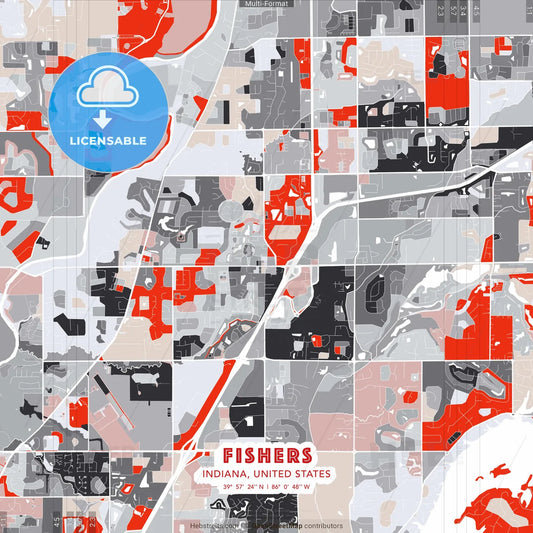 Fishers, Indiana, United States - modern street map poster template with gray and red tones