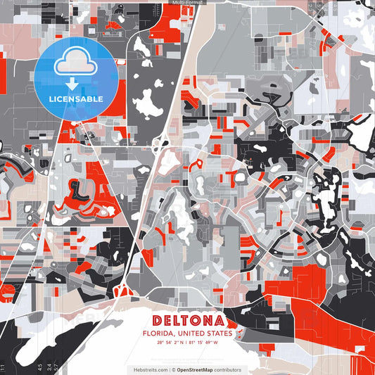 Deltona, Florida, United States - modern street map poster template with gray and red tones