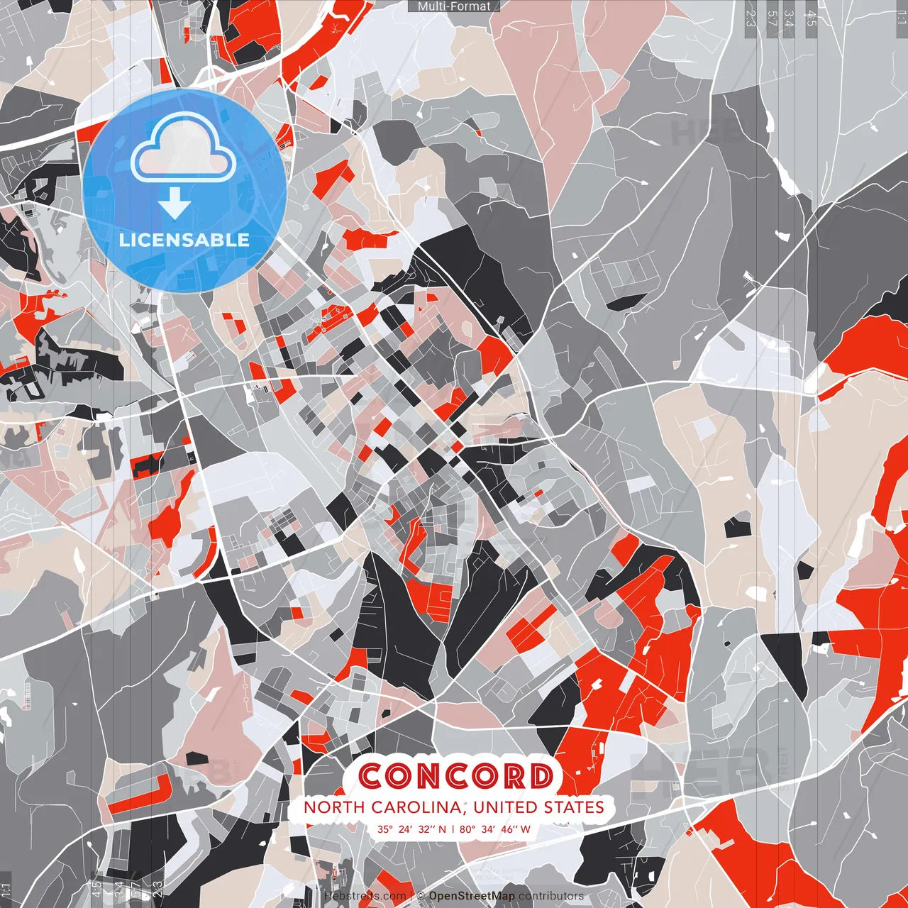 Concord, North Carolina, United States - modern street map poster template with gray and red tones