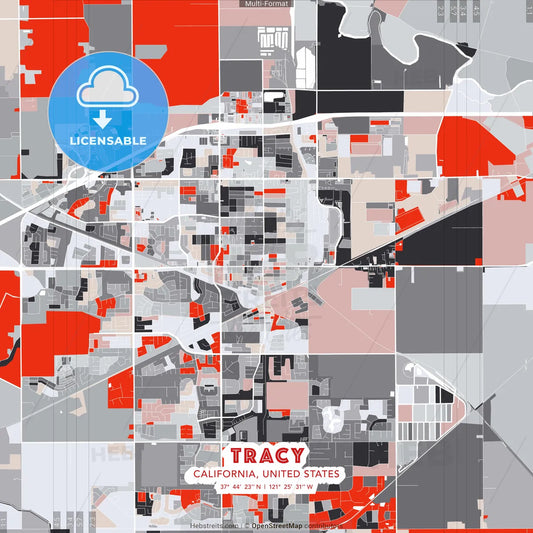 Tracy, California, United States - modern street map poster template with gray and red tones