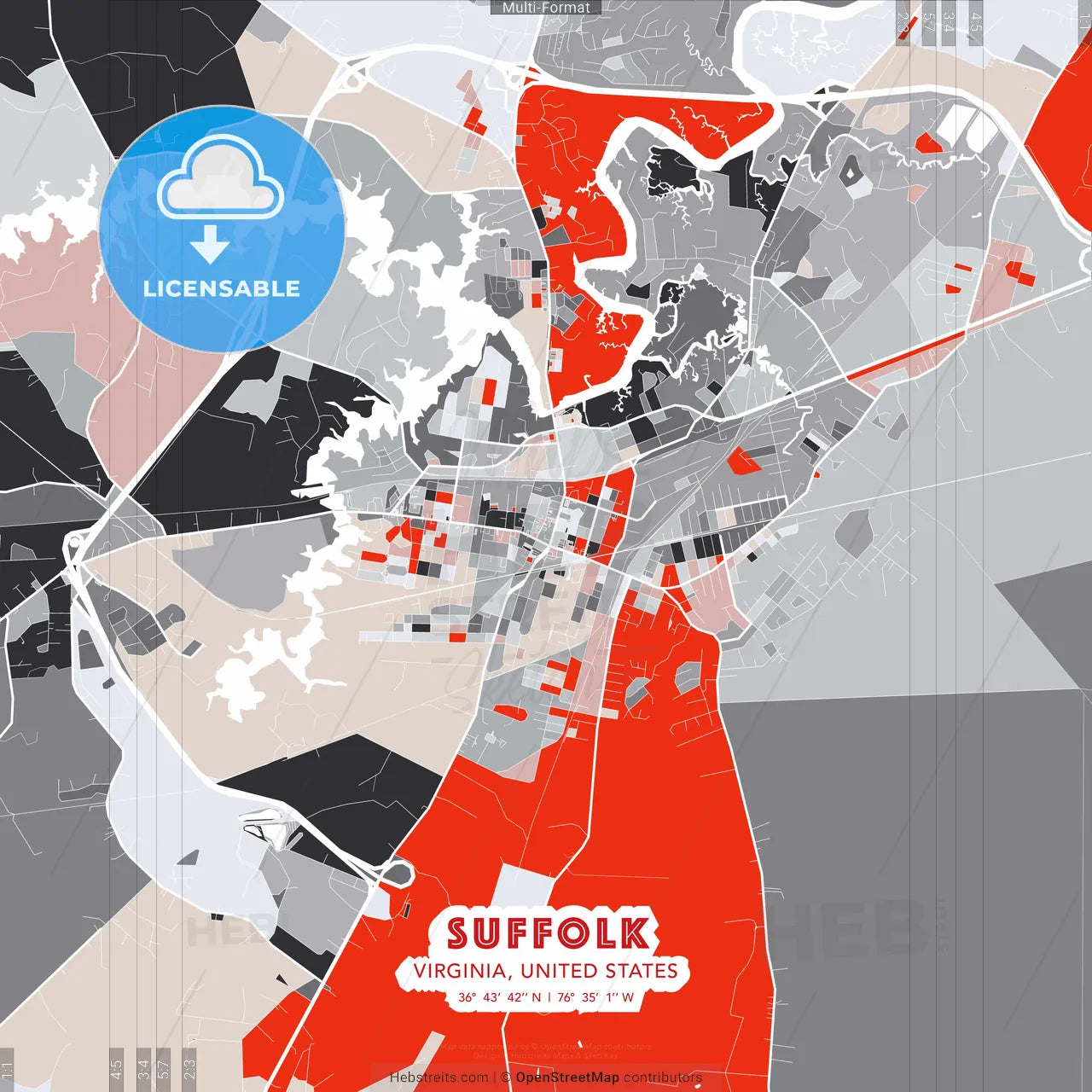 Suffolk, Virginia, United States - modern street map poster template with gray and red tones