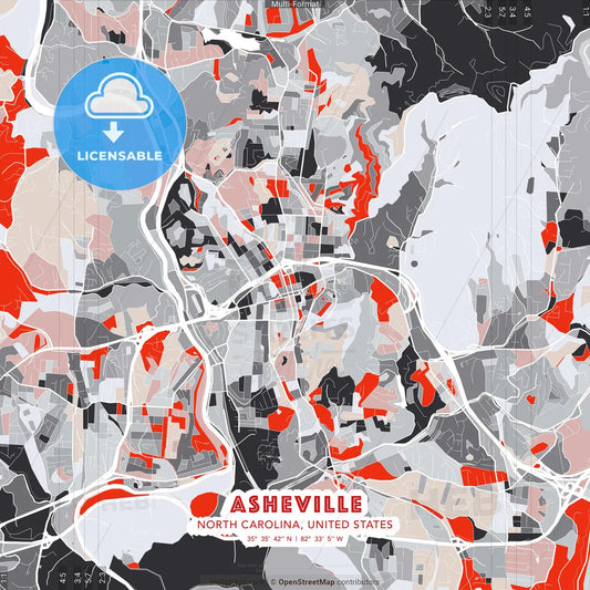 Asheville, North Carolina, United States - modern street map poster template with gray and red tones