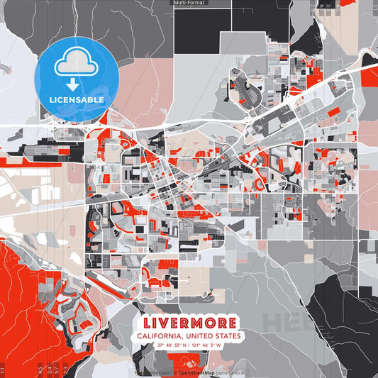Livermore, California, United States - modern street map poster template with gray and red tones