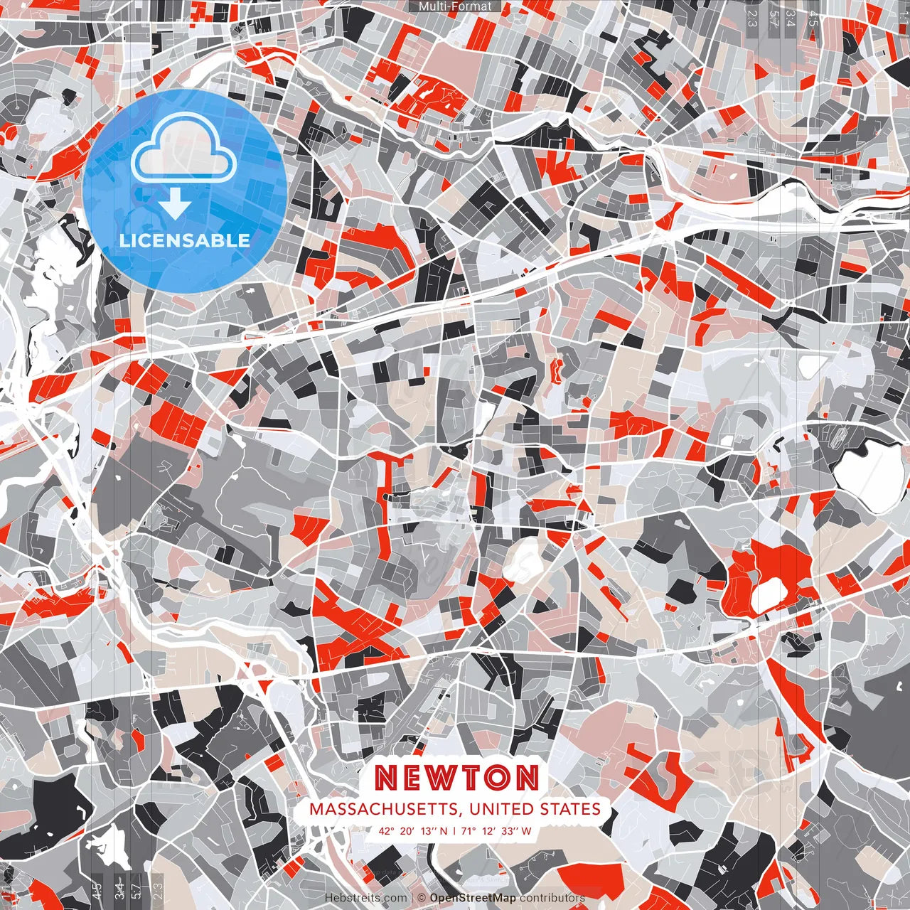 Newton, Massachusetts, United States - modern street map poster template with gray and red tones