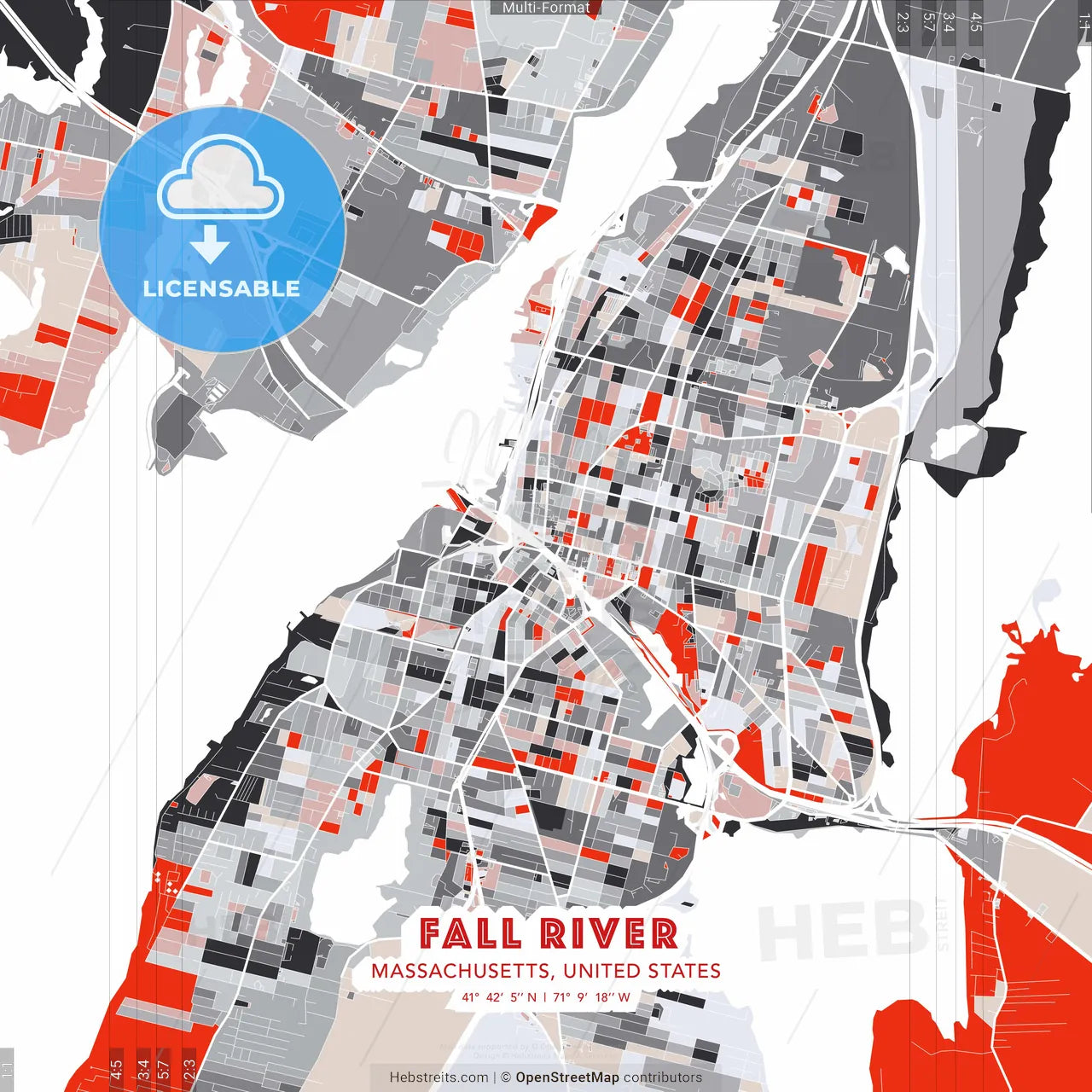 Fall River, Massachusetts, United States - modern street map poster template with gray and red tones