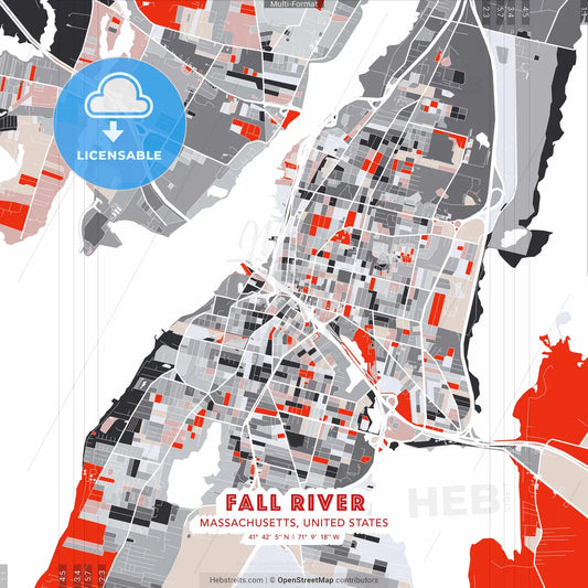 Fall River, Massachusetts, United States - modern street map poster template with gray and red tones