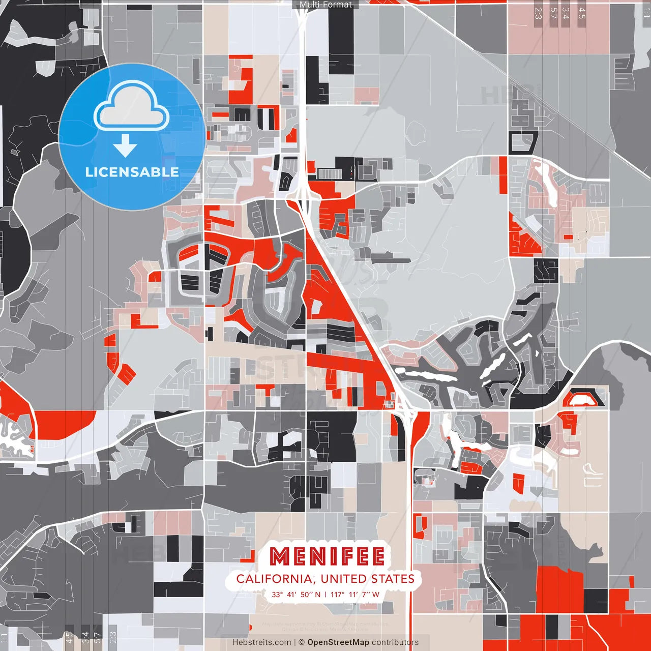 Menifee, California, United States - modern street map poster template with gray and red tones