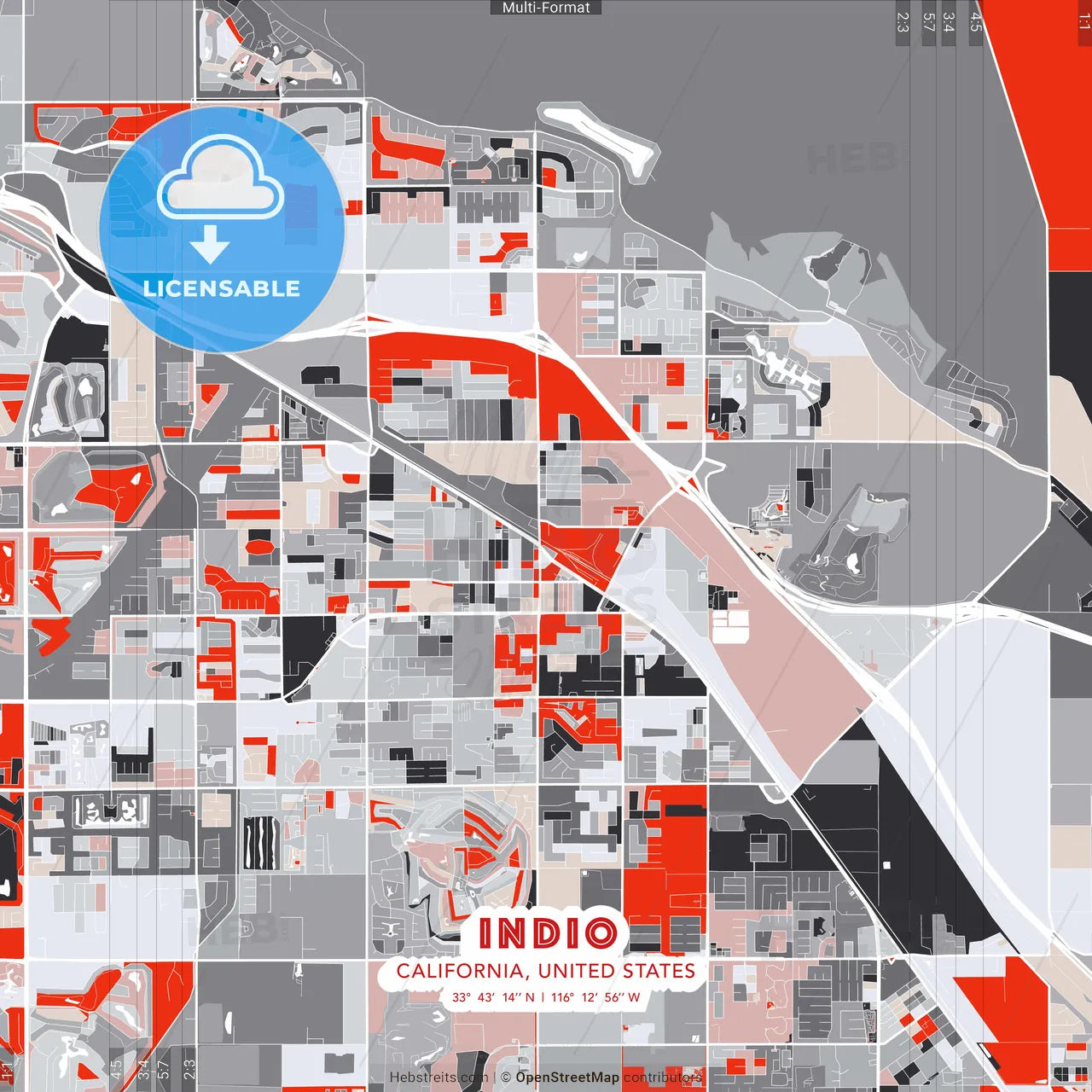 Indio, California, United States - modern street map poster template with gray and red tones