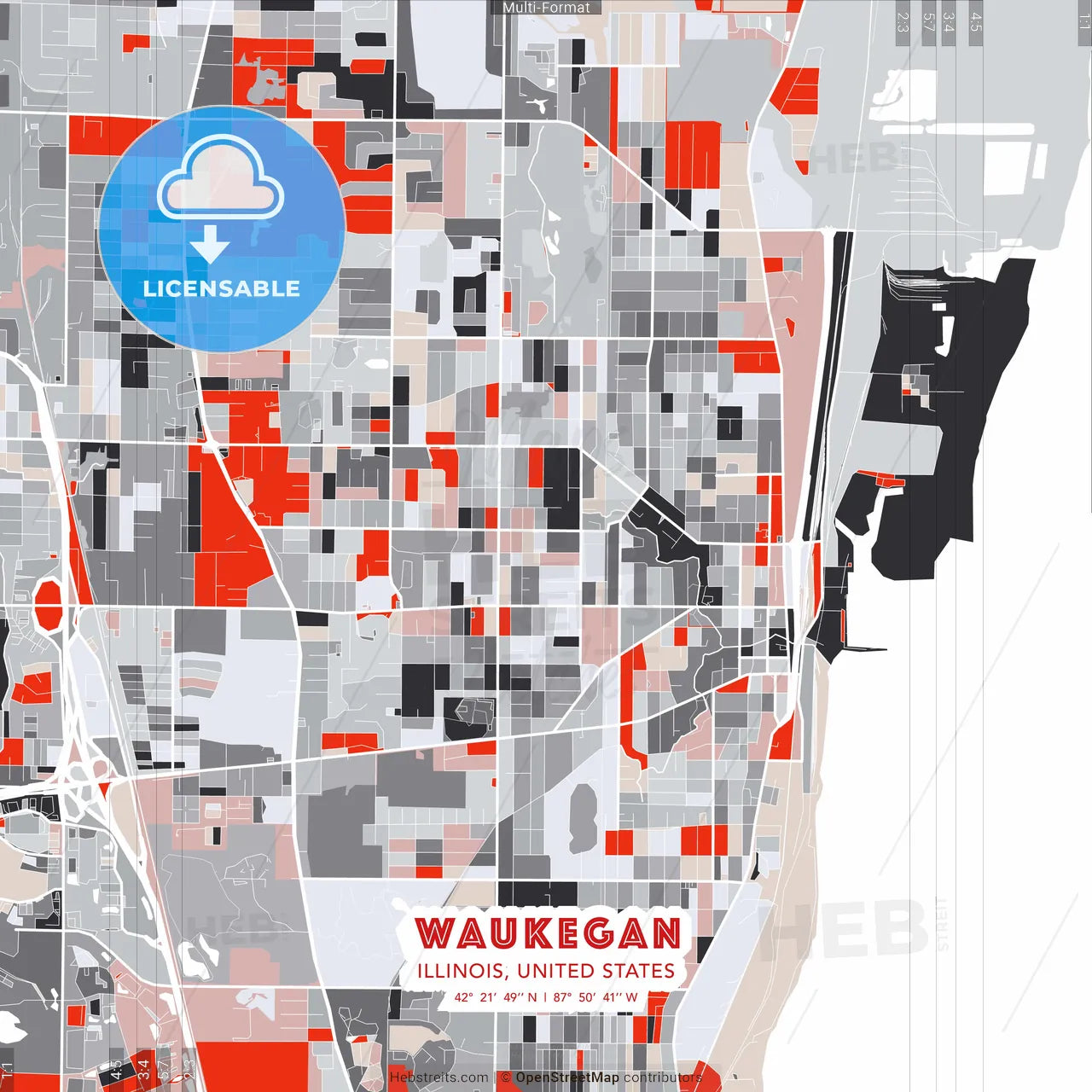 Waukegan, Illinois, United States - modern street map poster template with gray and red tones
