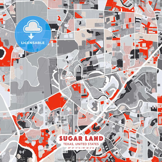 Sugar Land, Texas, United States - modern street map poster template with gray and red tones