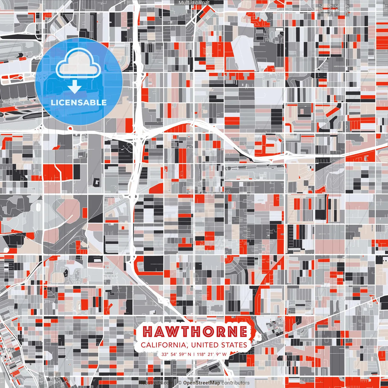 Hawthorne, California, United States - modern street map poster template with gray and red tones