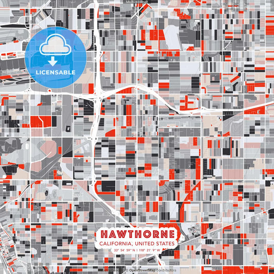 Hawthorne, California, United States - modern street map poster template with gray and red tones