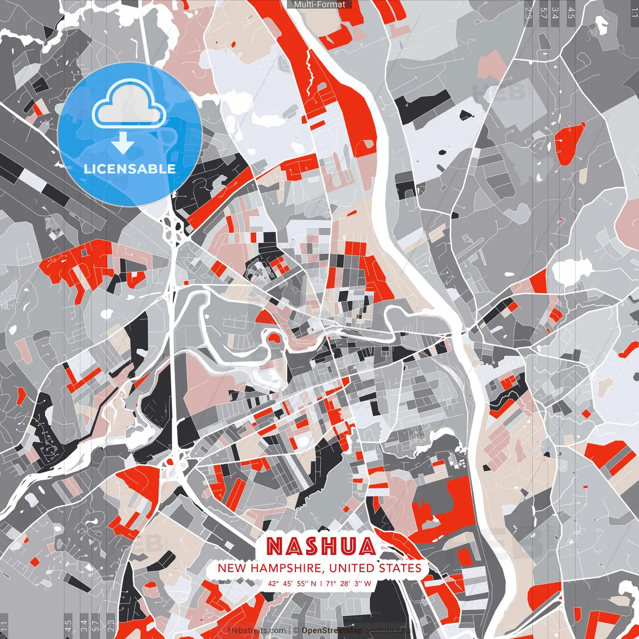 Nashua, New Hampshire, United States - modern street map poster template with gray and red tones