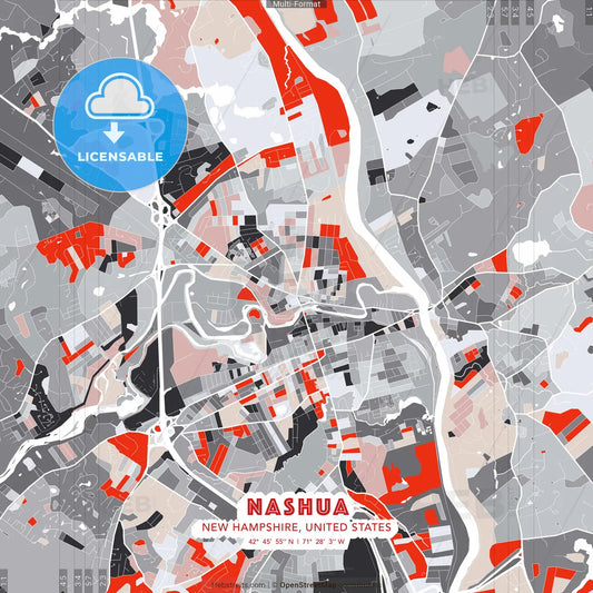 Nashua, New Hampshire, United States - modern street map poster template with gray and red tones