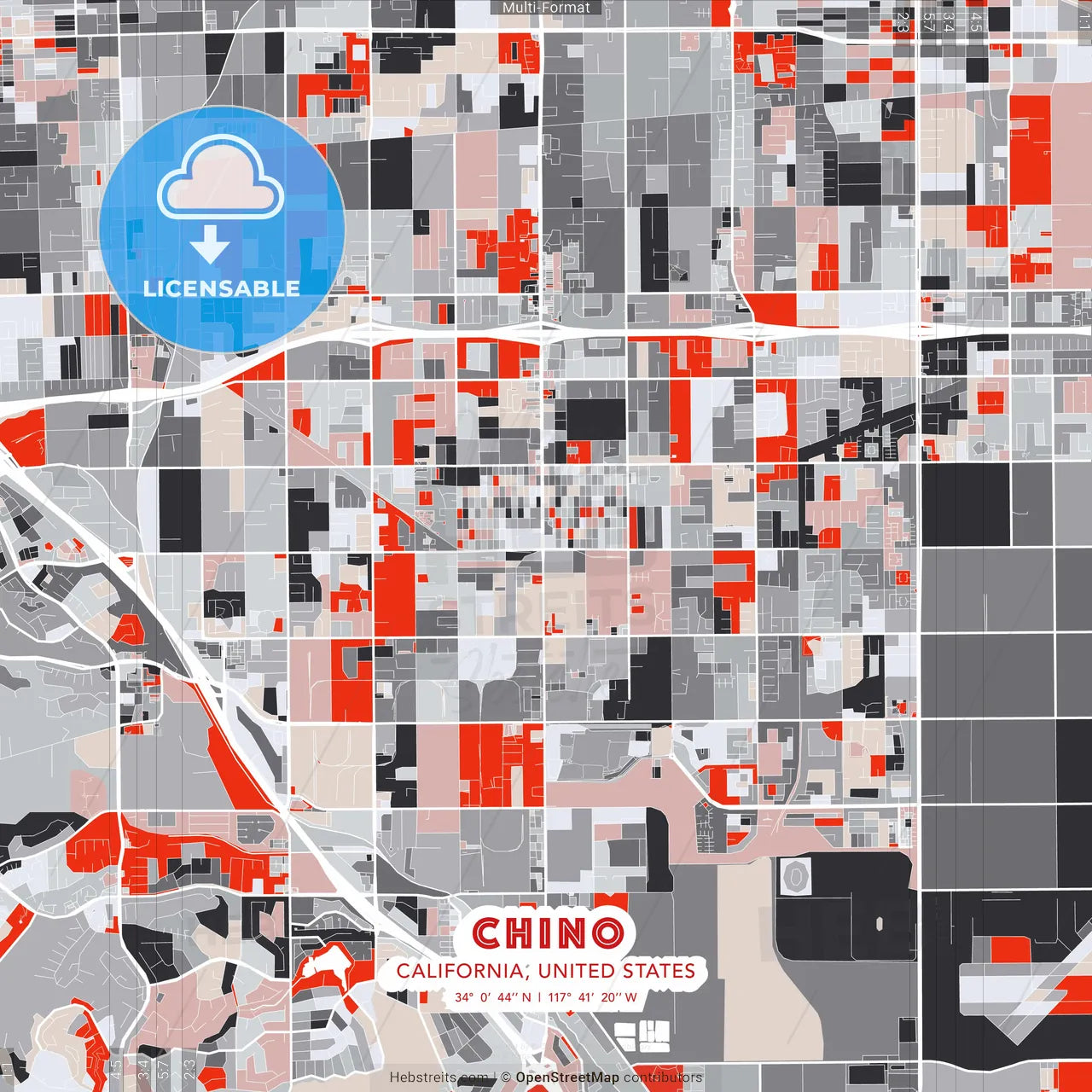 Chino, California, United States - modern street map poster template with gray and red tones