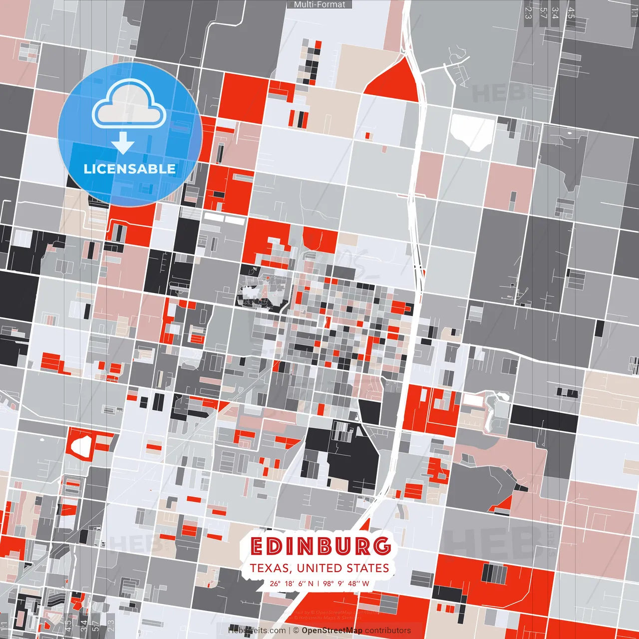 Edinburg, Texas, United States - modern street map poster template with gray and red tones