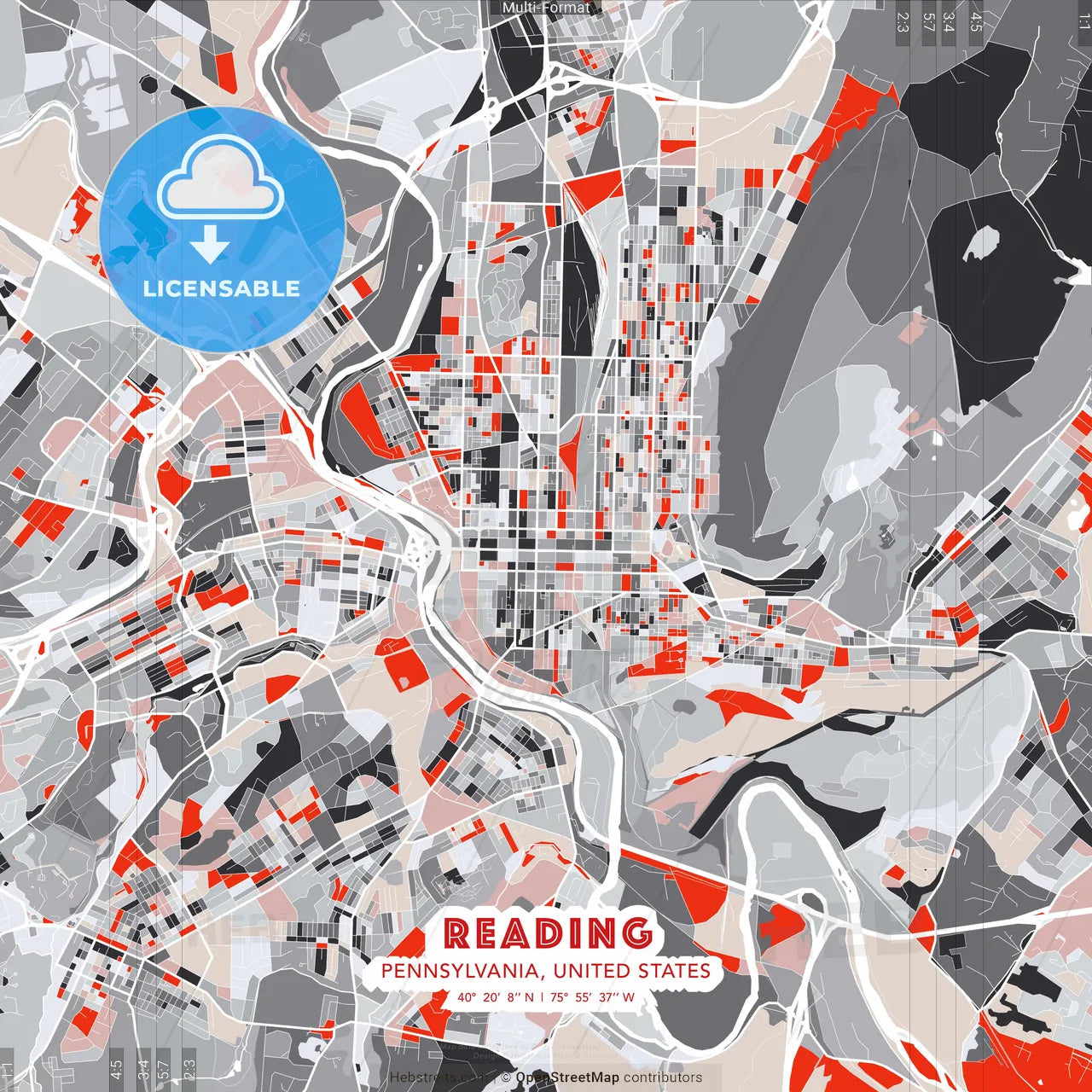 Reading, Pennsylvania, United States - modern street map poster template with gray and red tones