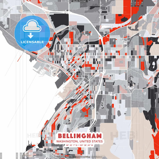 Bellingham, Washington, United States - modern street map poster template with gray and red tones
