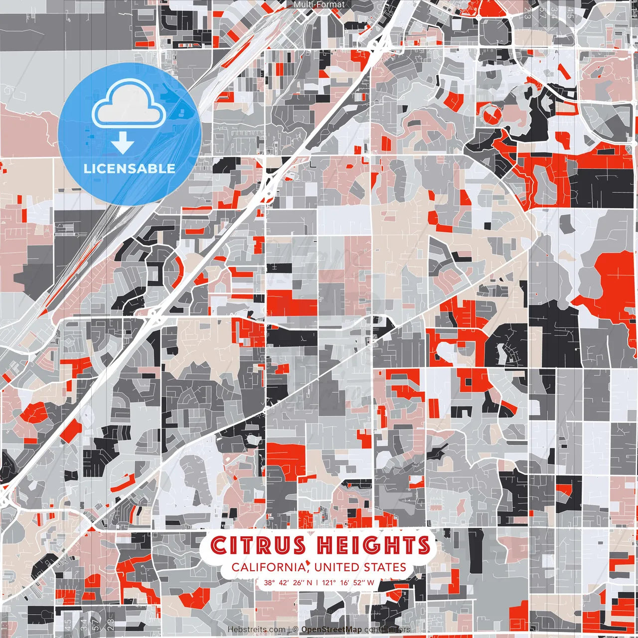 Citrus Heights, California, United States - modern street map poster template with gray and red tones