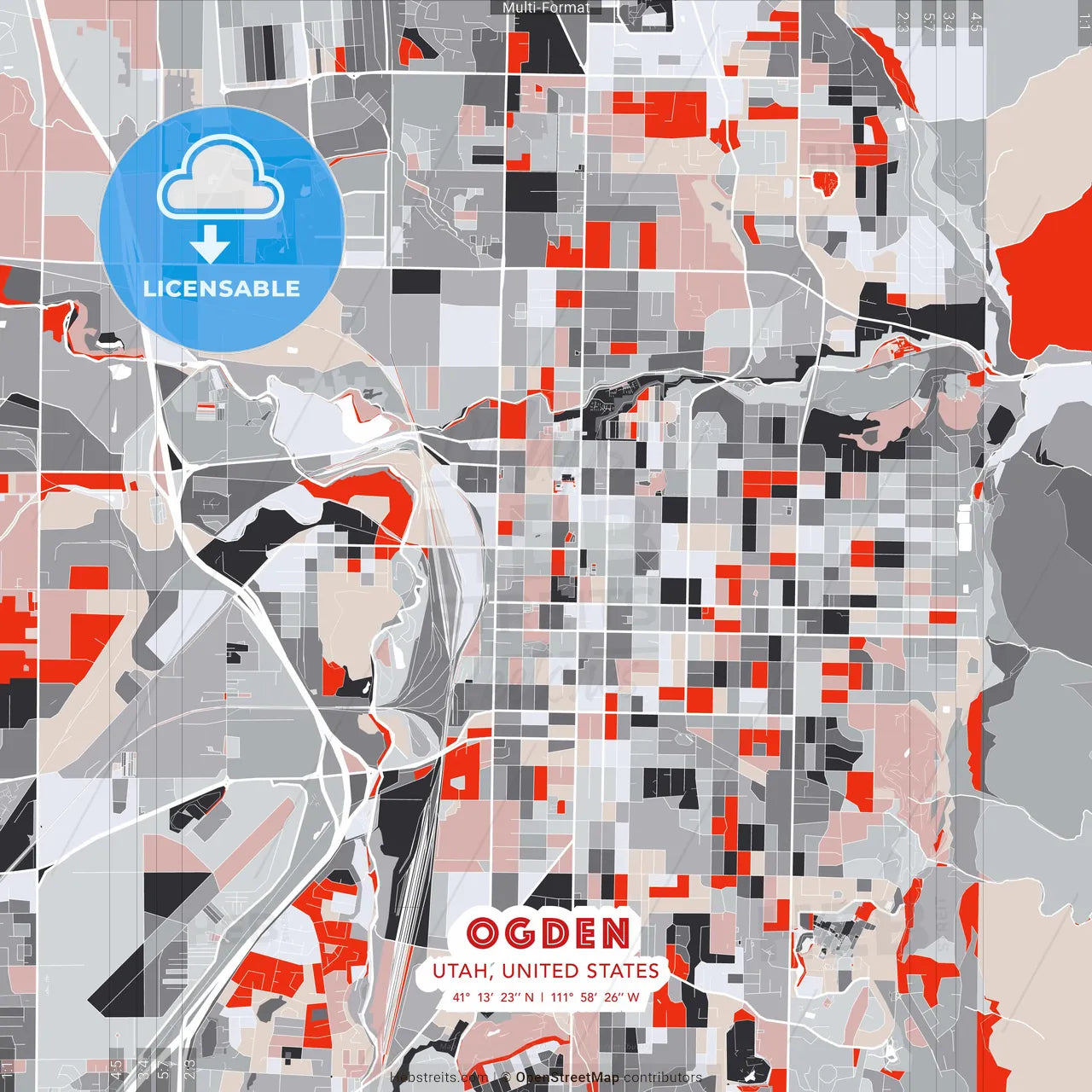 Ogden, Utah, United States - modern street map poster template with gray and red tones