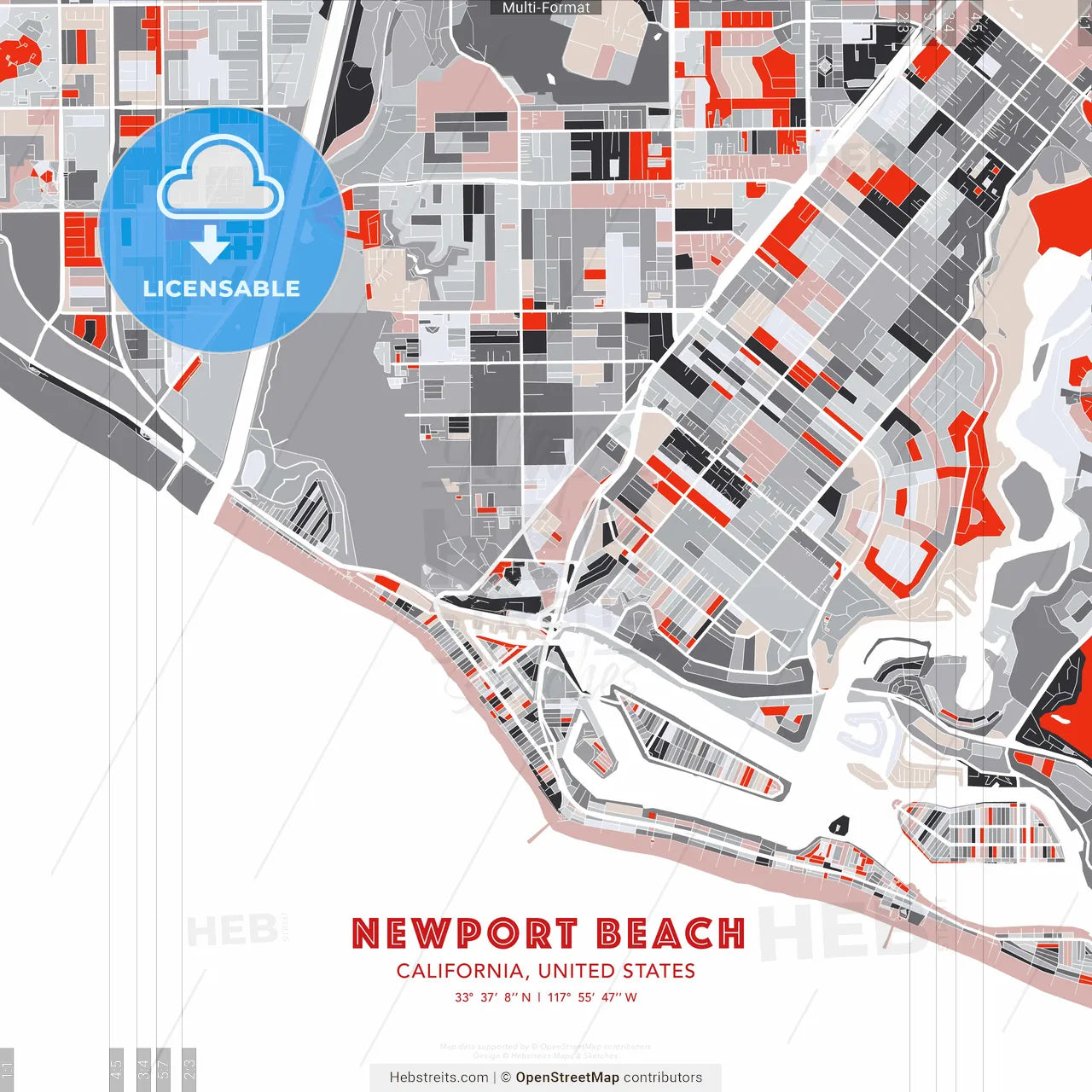 Newport Beach, California, United States - modern street map poster template with gray and red tones