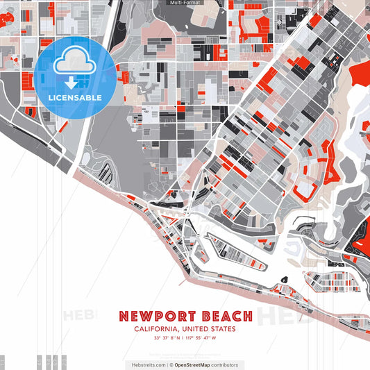 Newport Beach, California, United States - modern street map poster template with gray and red tones