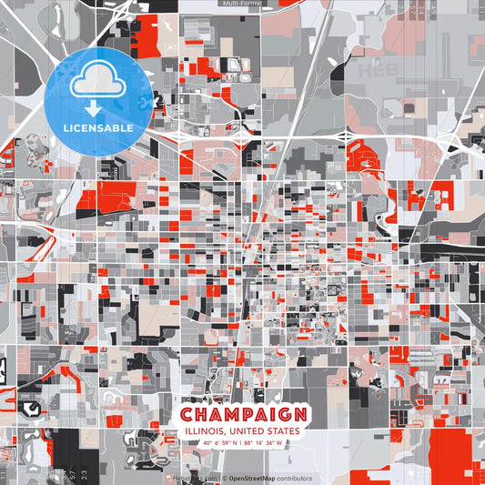 Champaign, Illinois, United States - modern street map poster template with gray and red tones