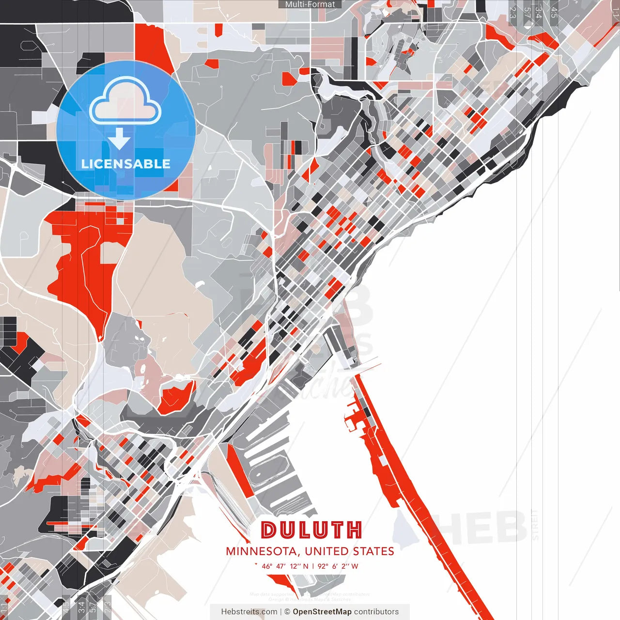 Duluth, Minnesota, United States - modern street map poster template with gray and red tones