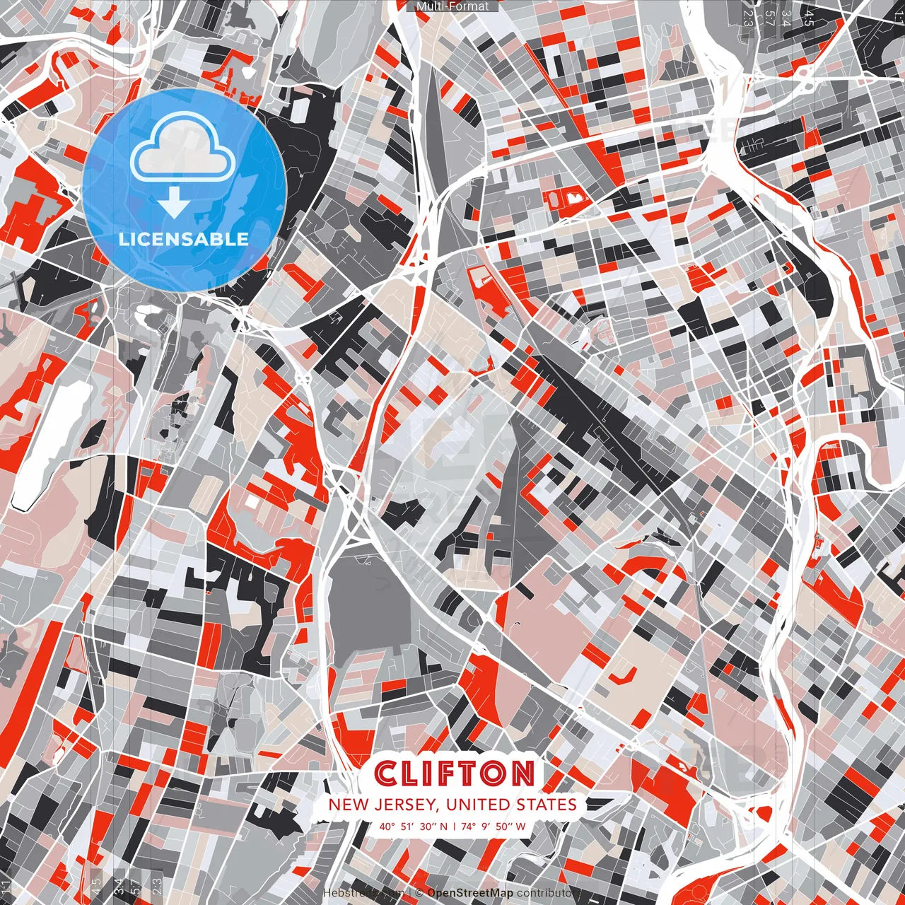 Clifton, New Jersey, United States - modern street map poster template with gray and red tones