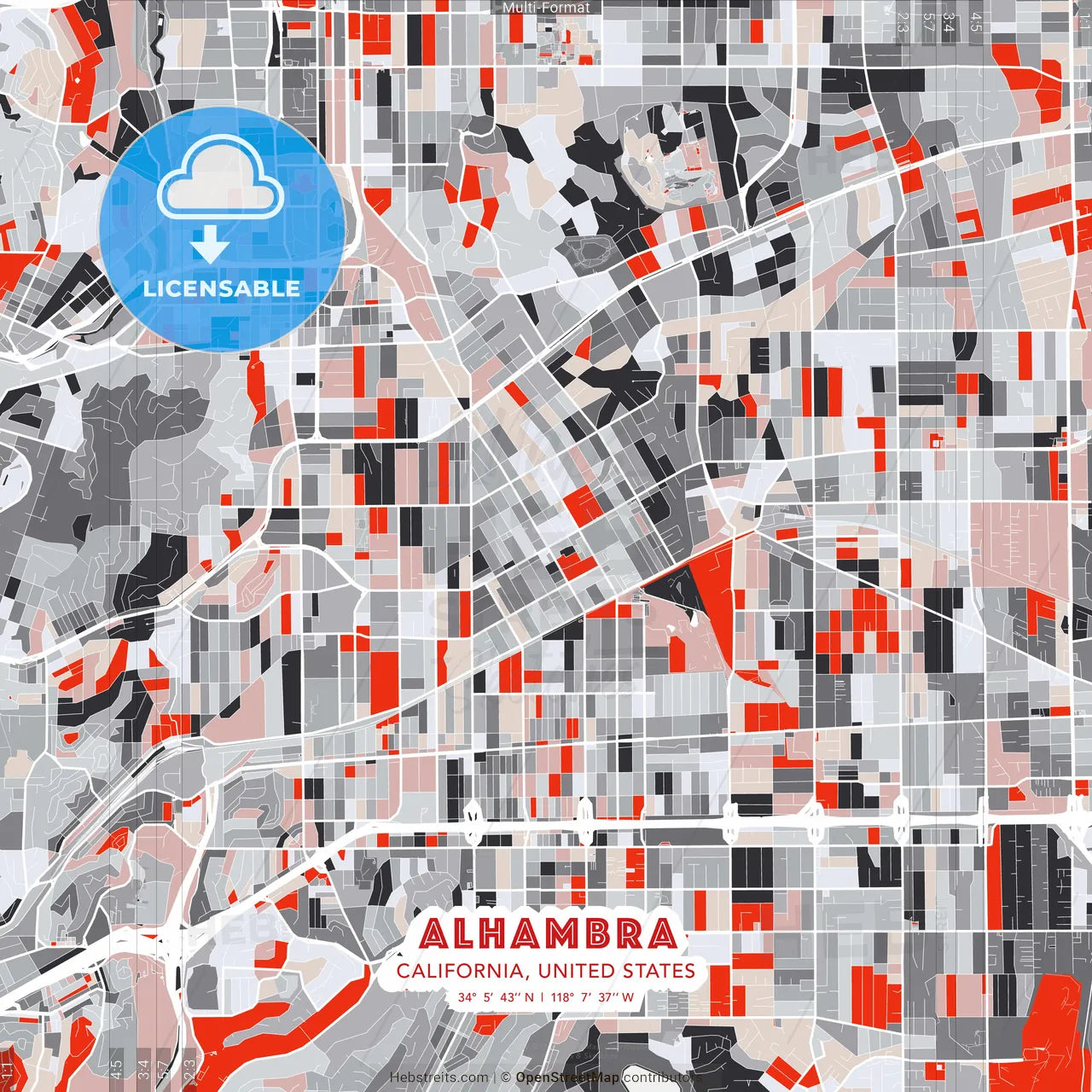 Alhambra, California, United States - modern street map poster template with gray and red tones