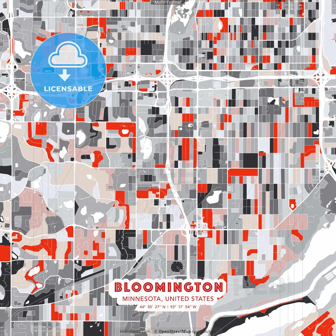 Bloomington, Minnesota, United States - modern street map poster template with gray and red tones