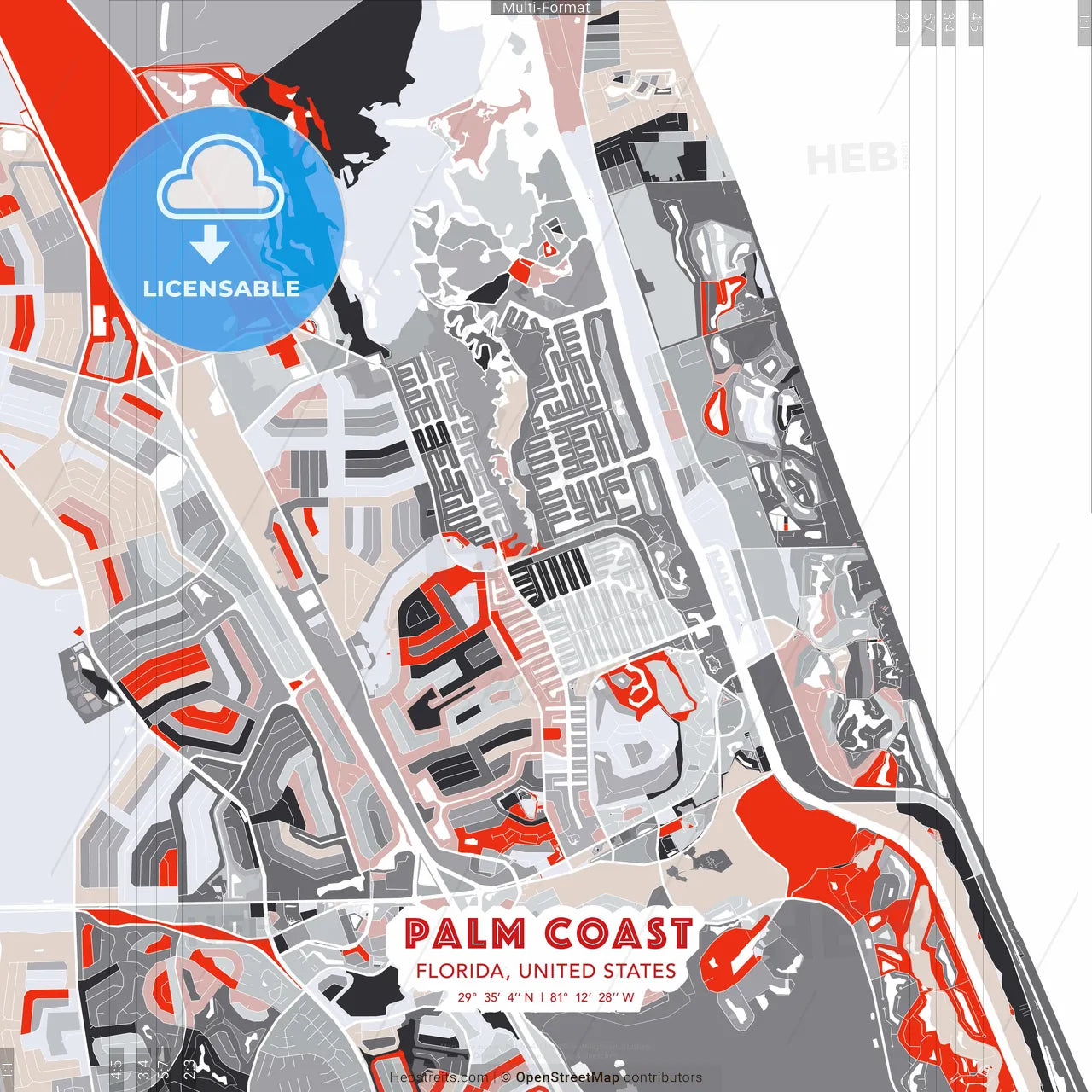 Palm Coast, Florida, United States - modern street map poster template with gray and red tones