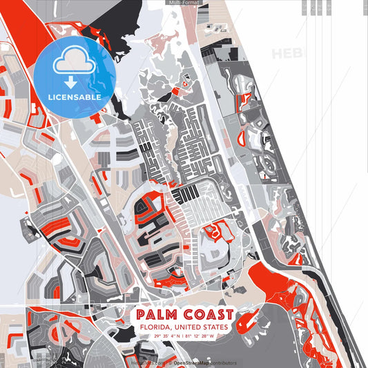 Palm Coast, Florida, United States - modern street map poster template with gray and red tones