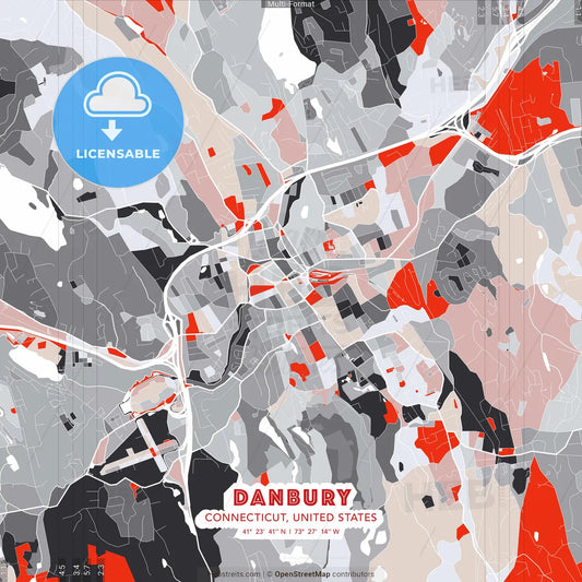 Danbury, Connecticut, United States - modern street map poster template with gray and red tones
