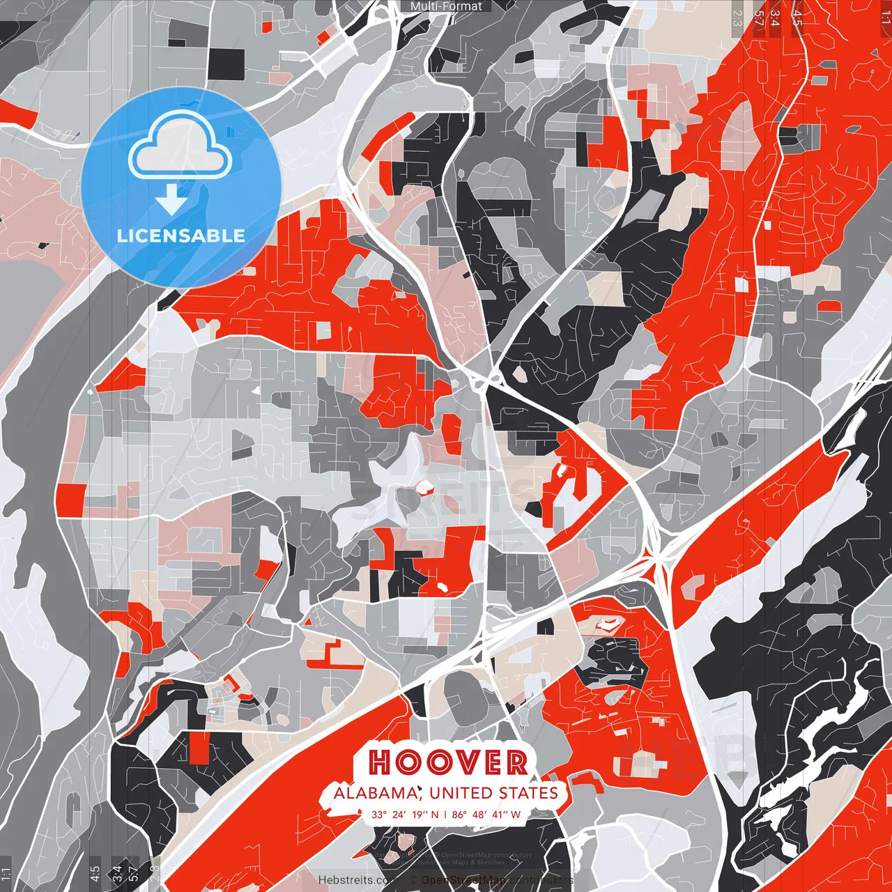 Hoover, Alabama, United States - modern street map poster template with gray and red tones