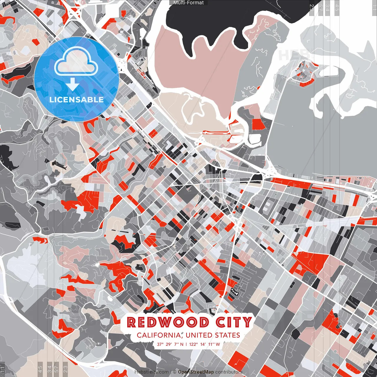 Redwood City, California, United States - modern street map poster template with gray and red tones