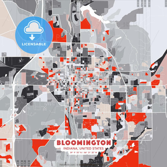 Bloomington, Indiana, United States - modern street map poster template with gray and red tones