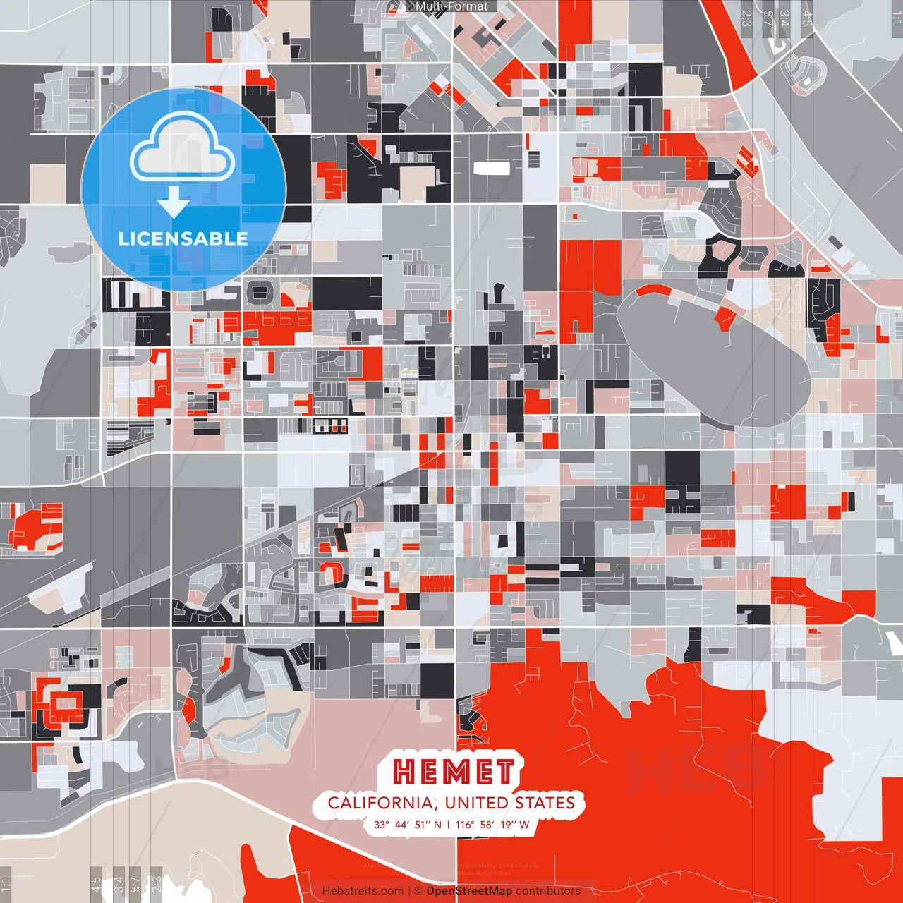 Hemet, California, United States - modern street map poster template with gray and red tones