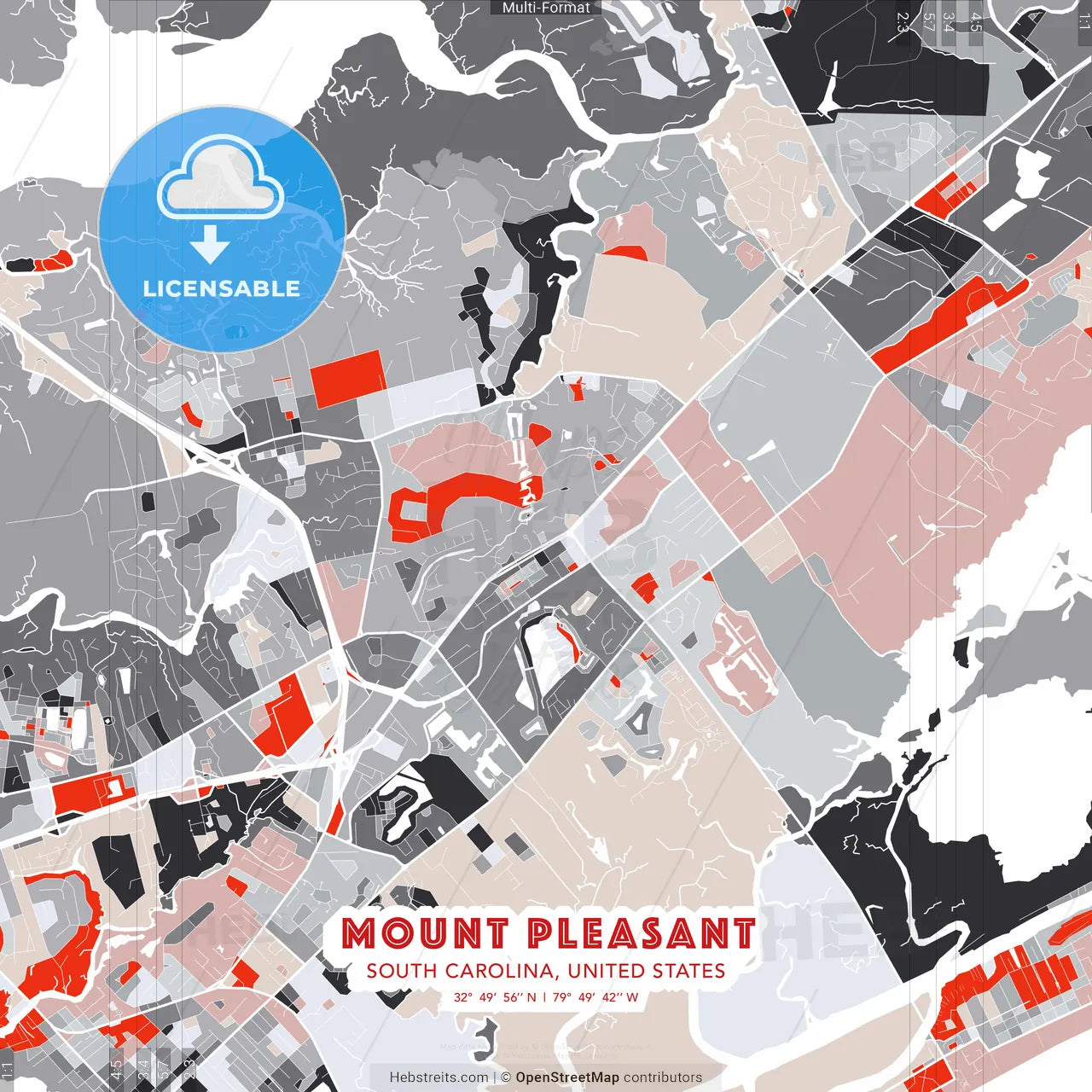 Mount Pleasant, South Carolina, United States - modern street map poster template with gray and red tones