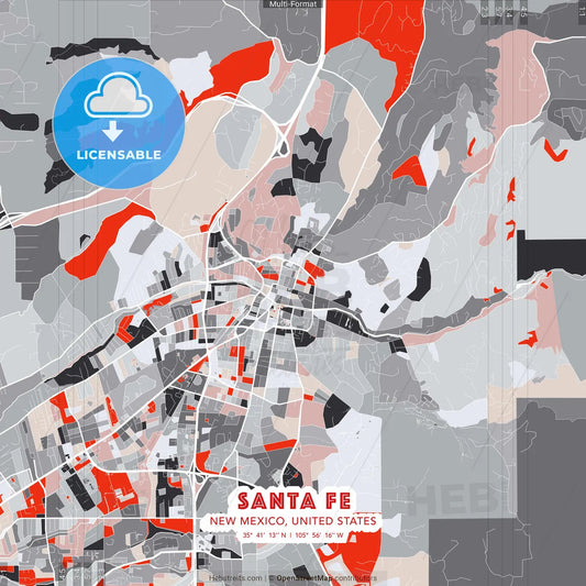 Santa Fe, New Mexico, United States - modern street map poster template with gray and red tones