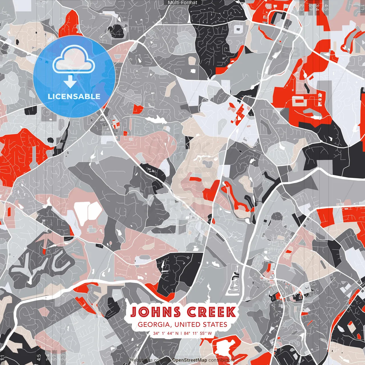 Johns Creek, Georgia, United States - modern street map poster template with gray and red tones