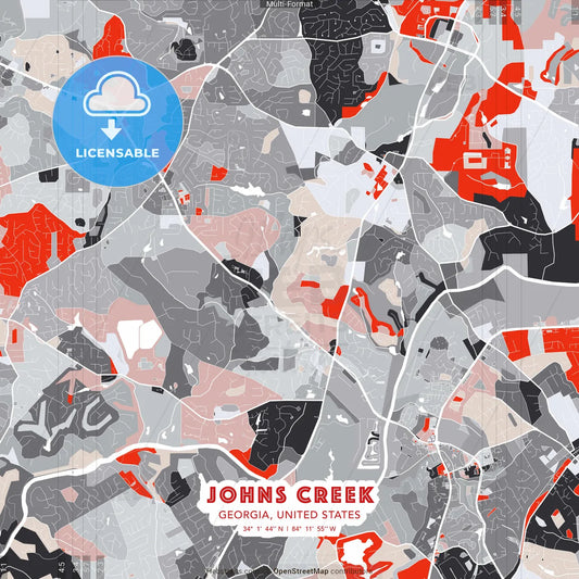 Johns Creek, Georgia, United States - modern street map poster template with gray and red tones