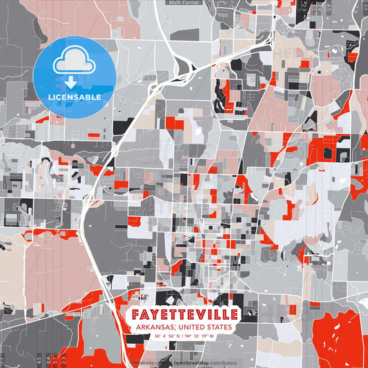 Fayetteville, Arkansas, United States - modern street map poster template with gray and red tones