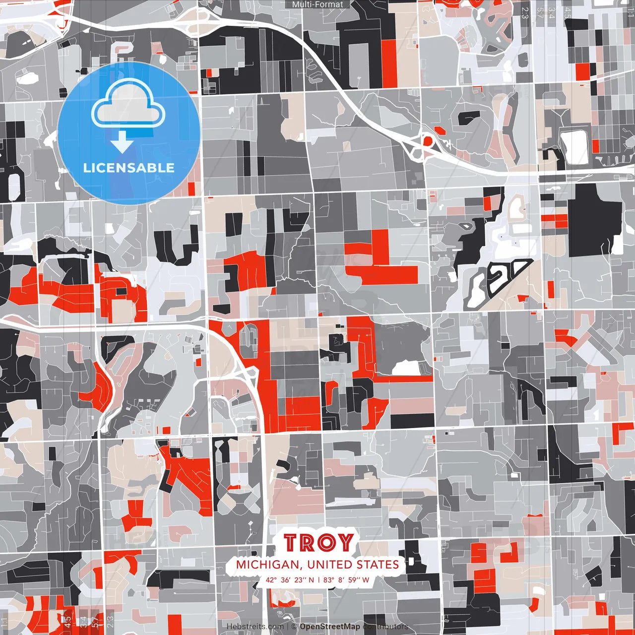 Troy, Michigan, United States - modern street map poster template with gray and red tones