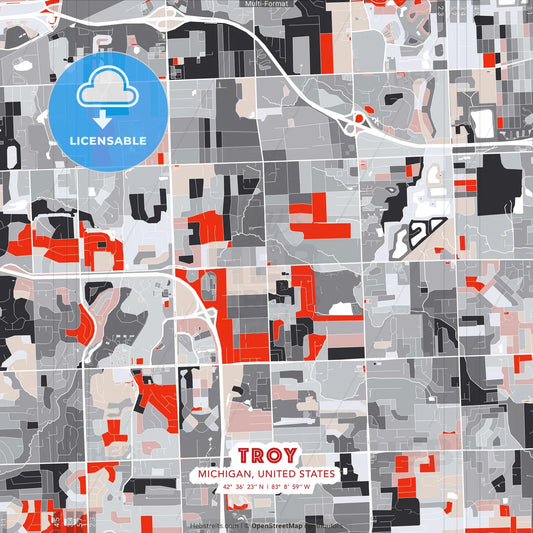 Troy, Michigan, United States - modern street map poster template with gray and red tones