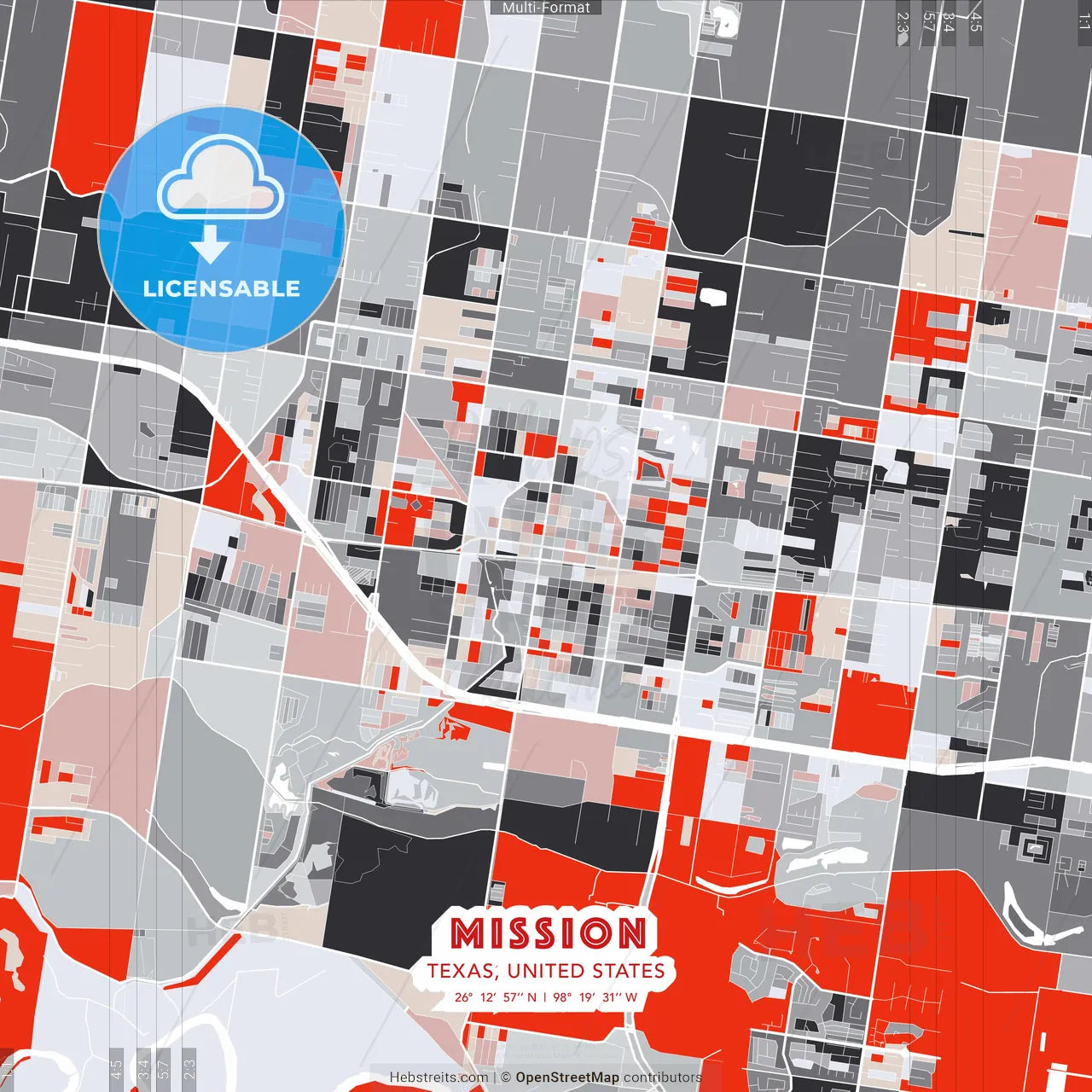 Mission, Texas, United States - modern street map poster template with gray and red tones