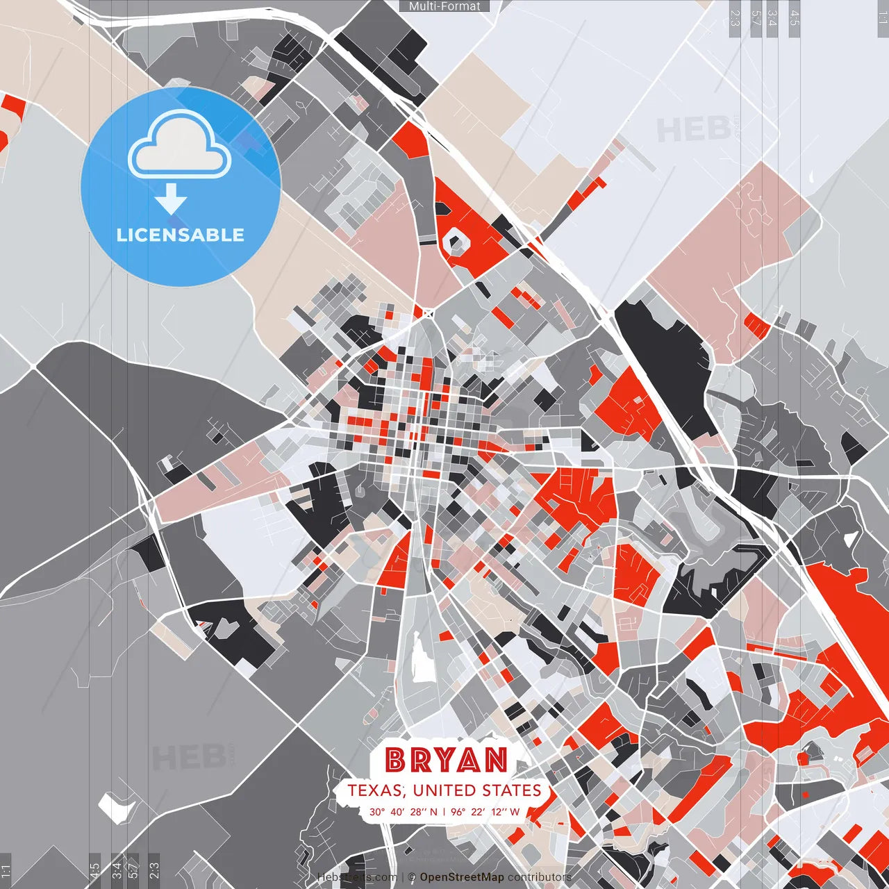 Bryan, Texas, United States - modern street map poster template with gray and red tones