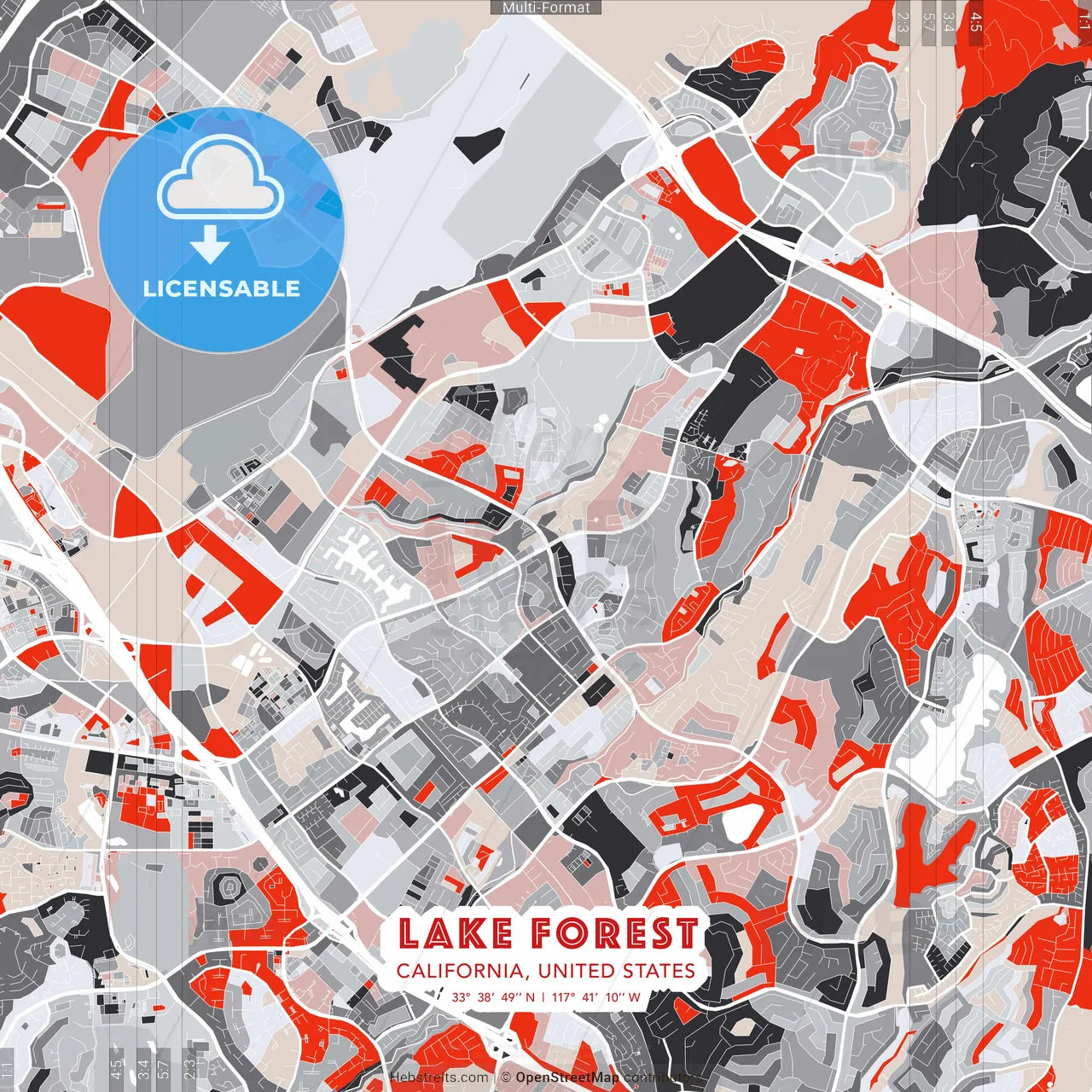 Lake Forest, California, United States - modern street map poster template with gray and red tones